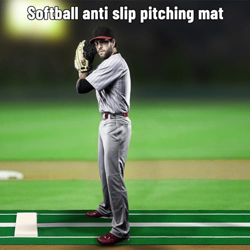 10x3FT Softball Pitching Mat with Rubber and Powerline,Softball Pitching Mat,Artificial Grass Softball Pitching Mound,Indoor Outdoor Baseball Hitting Pitchers Practice Aid Pad Green White