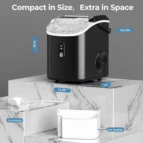 Nugget Ice Maker Countertop, 35.5Lbs/24Hrs Chewable Sonic Ice Machine with Self-Cleaning, Handle, Water Tank, Quiet Operation & Portable Pellet Ice Maker for Home, Office, Kitchen, Bar, Deep Black