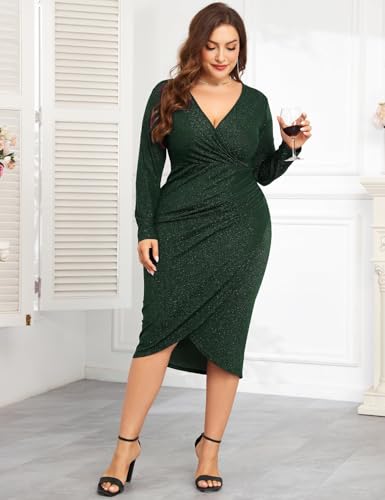 Image of ZOMVA Plus Size 0X-4X Sparkly Glitter Ruched Bodycon Midi Dress Sparkle Sequin Wrap Ruffle Sleeve Dress Cocktail Party Formal