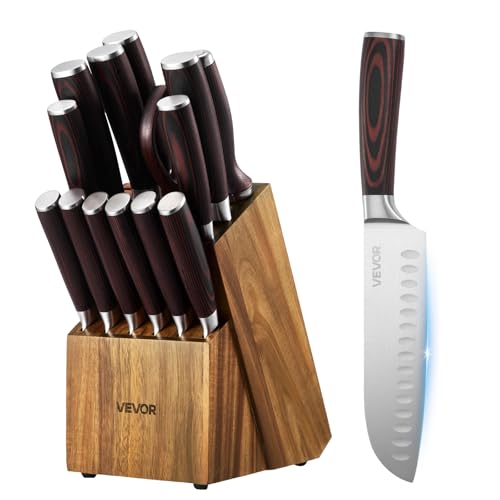Image of VEVOR Kitchen Knife Set with Block and Sharpener, 15 Piece High Carbon Stainless Steel Knife Set, Rust-Resistant Kitchen Cutlery with Ergonomic Handle, Sharpening Rod & Premium Wooden Block, for Home