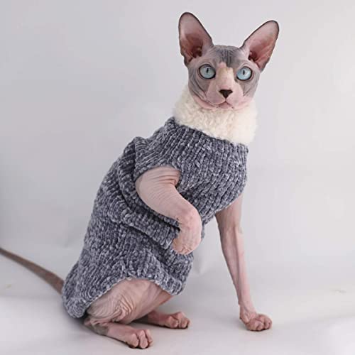 Sphynx Cat Clothes Winter Warm Faux Fur Sweater Outfit, Fashion High Collar Coat For Cats Pajamas For Cats And Small Dogs Apparel, Hairless Cat Shirts Sweaters (S (3.3-4.4 Lbs), Blue-Grey) #TOP2