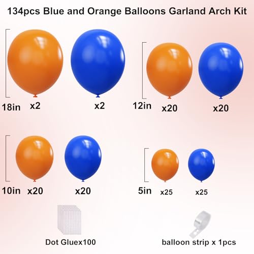 Image of YMSZ Blue and Orange Balloons Arch Kit, 134pcs Royal Blue and Orange Balloons for Birthday, Graduation, Baby Shower Party Decorations