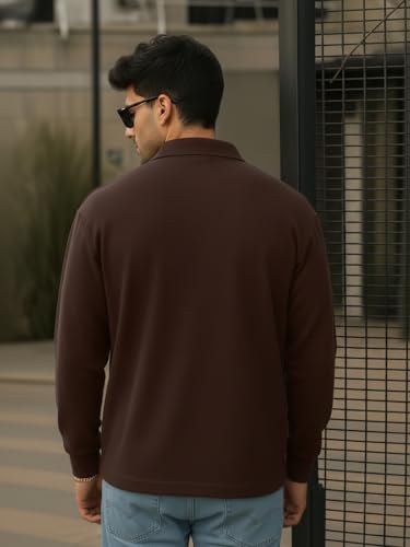 Image of Veirdo Men's Loopknit Cotton Oversized Baggy Fit | Full Sleeve Polo T-Shirt | Casual Streetwear with Ribbed Cuffs Travel | Sizes: S to XXL
