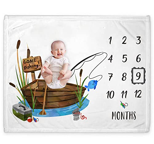 Image of Usoway Fishing Baby Monthly Milestone Blanket, Gone Fishing Baby Boy Growth Chart Milestone Photo Blanket, Fishing Boat Newborn, Includes Marker (50x40)