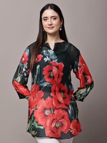 Image of Women's Pink Printed Short Kurti with Lace Trim, 3 /4 Sleeves, Ethnic Indian Style Top