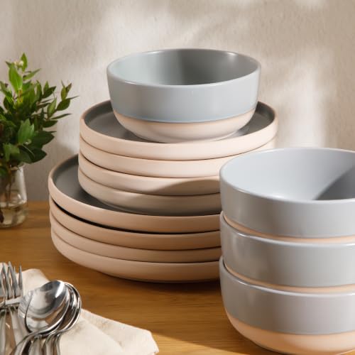 Image of Gibson Home Plates and Bowls Set, 12 Piece Dinnerware Set for 4, Grey