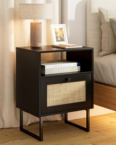 Image of Rattan Nightstand, Mid Century Modern Night Stand,Boho Farmhouse Wood Bedside Table with Storage and Open Shelf, End Side Accent Table for Bedroom,Living Room,Black