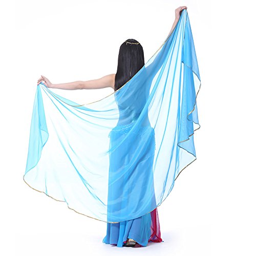 XChangeFun Semicircle Chiffon Hand Scarf Belly Dance Costume Outfit Hip Scarf Sequin Trim Gold Shawls Veils (Lake Blue)