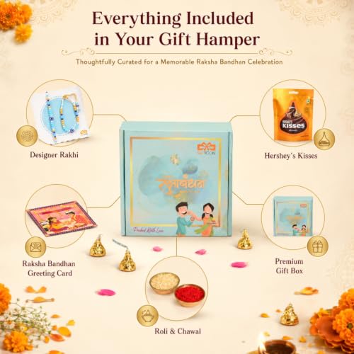 Image of Gifticon Rakhi Set for Brother with Chocolate | Premium Designer Rakhi, Chocolate, Roli Chawal, Greeting Card & Premium Gift Box | Rakhi Hamper for Raksha Bandhan | Evil Eye Rakhis