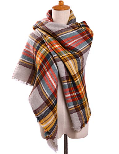 Bess Bridal Women's Plaid Blanket Winter Scarf Warm Cozy Tartan Wrap Oversized Shawl Cape (One Size, Yellow)