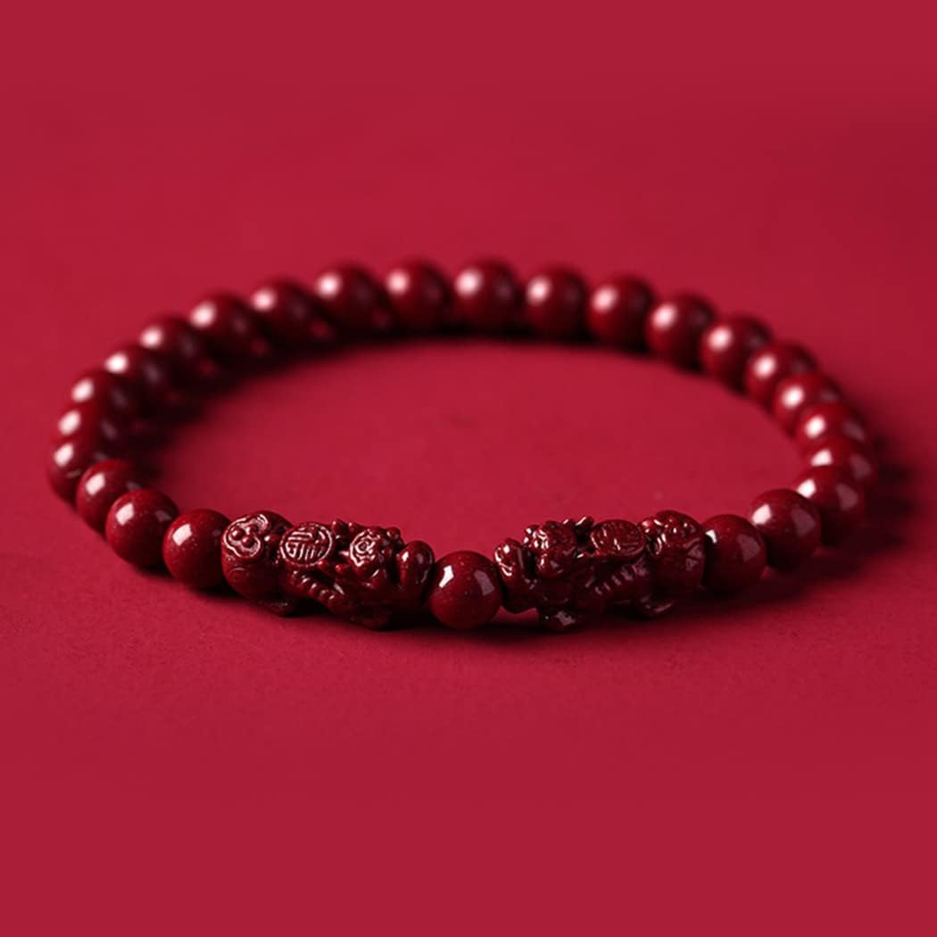 Feng Shui Bracelet Double Pixiu Bracelet Natural Cinnabar Crystal Stone Bracelet Pi Yao Dragon Bracelet Wealth Good Luck Amulet Reiki Chakra Crystal Quartz Bracelet (Color : Rojo, Size : 8mm)