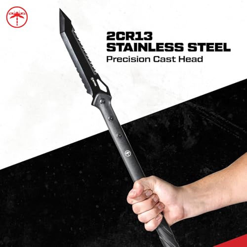 Sheffield STAK 11822 Tac Javelin Spear, Gifts for Men, 44\" Utility Spear for Camping, Hunting, and Bushcraft, 8\" Partially Serrated Tanto Blade Spear Head, TPR Snap Sheath