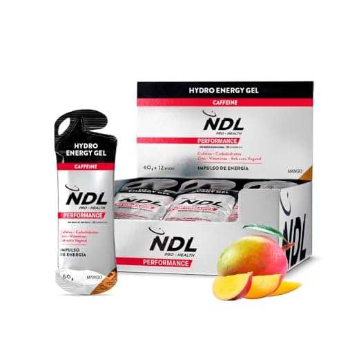 NDL Pro-Health Hydro energy gel - Gel energético deportivo con carbohidratos y sales minerales, bajo en azúcar, aporte energético inmediato, apertura fácil, con cafeína, sabor mango-melocotón, Pack 12