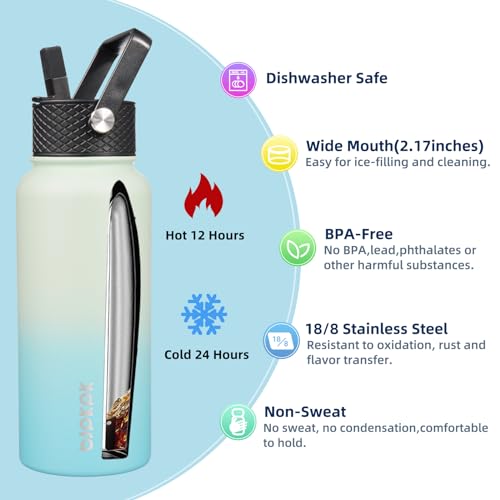Image of BJPKPK 2 Pack 32oz Insulated Water Bottles with Straw Lids, Stainless Steel