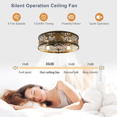 Image of Garwarm 20 inch Caged Ceiling Fans with Lights,Vintage Victorian Rustic Crystal Fandelier,Low Profile Flush Mount Enclosed Bladeless Ceiling Fan with Light and Remote for Bedroom,Kitchen,Dining Room