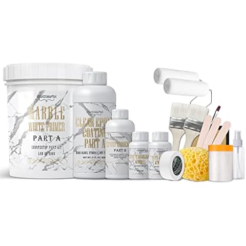 cocomfix White Marble Countertop Paint Kit - 25X Thick High-Gloss Epoxy Countertop Kit. Works on Kitchen Bathroom - Granite, Marble, Corian and Other Natural Stone Surfaces. Cover