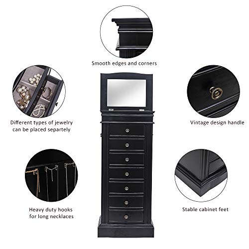 Karl Home Large Standing Jewelry Armoire Cabinet With 7 Drawers & 2 Swing Doors 24 Hooks, Large Wood Jewelry Cabinet Organizers With Top Flip Mirror, Blck #TOP4