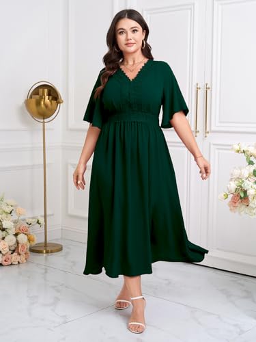 Image of SCOMCHIC Womens Plus Size Summer Maxi Dress Short Sleeve V-Neck Lace Boho A-Line Slit Flowy Wedding Guest Cocktail Dresses