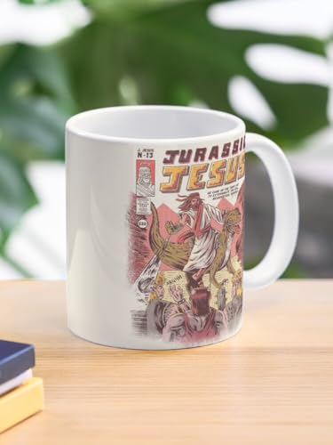 Image of Jurassic Jesus Printed Ceramic Mug 330ml - Funny Bold Design Coffee Cup - Microwave Safe Dishwasher Friendly - Novelty Gift Mug for Humor Lovers, Dino Fans, Religious Satire, Office Desk Use