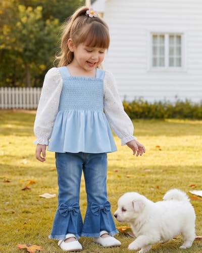 Image of Kucnuzki Toddler Kids Girl Clothes Long Sleeve Shirt Tops Baggy Jeans Cute Pants Set Baby Girl Outfit 2 Piece Clothing