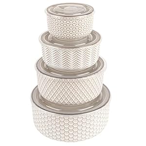 KooK Ceramic Nesting Bowls, with Lids, Serving Bowls, Set of 4, Embossed Kitchen Bowls, Prep, Mix, Gift, Microwave and Dishwasher Safe, 10/16/29/47 oz, Narbonne Collection (Ivory) KooK Ceramic Nesting Bowls with Lids Serving Bowls Set of 4 Embossed Kitchen Bowls Prep Mix Gift Microwave and Dishwasher Safe 10162947 oz Narbonne Collection Ivory