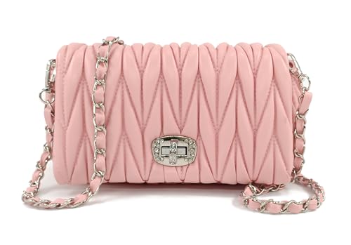 Esimileeya Bolsas acolchoadas femininas com alça de corrente, bolsas de ombro modernas compactas pequenas, Rosa com alça de transporte manual