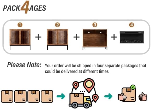 Diagram showing four packages for the TV stand and fireplace