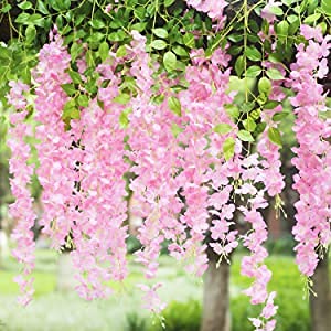 Wisteria Flower Hanging Silk Vine Rattan Fake Bush Flower for Home Party Wedding Garden Outdoor Greenery Decoration 3.67 Feet (Set of 8, Pink)