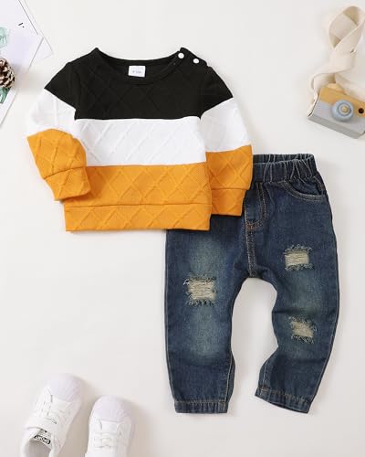 Image of NZRVAWS Toddler Baby Boy Clothes Pullover Sweater Ripped Jean Sweatsuit Little Boy Outfit Fall Winter Clothing Set 6M-7T