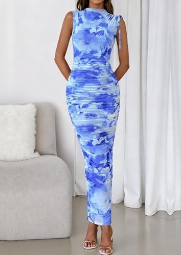 Image of PRETTYGARDEN Women's Summer Maxi Dresses Ruched Bodycon Split Long Dress | Mock Neck, Sleveless, Floral Mesh Dress, Cocktails Dress for Wedding Guest, Party, Summer Outfits 2026
