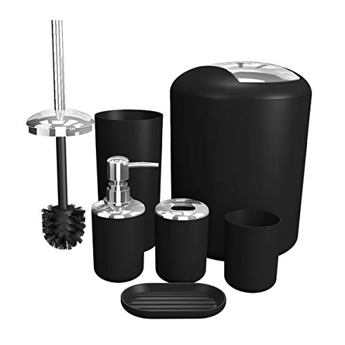 TEKITSFUN Bathroom Accessories Set 6 Pieces Plastic Bathroom Accessories Toothbrush Holder, Rinse Cup, Soap Dish, Hand Sanitizer Bottle, Waste Bin, Toilet Brush with Holder (Black)