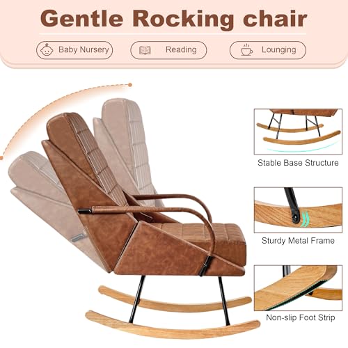 VECELO Rocking Chair Nursery, Oversize Leather Glider Rocker with Padded Cushion, Upholstered Removable High Back, Brown