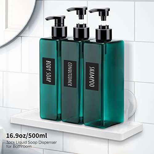 Image of Segbeauty Shampoo Conditioner Bottles, 3pcs 16.9oz 500ml Pump Press Dispenser with Labels, Empty Plastic Refillable Reusable Lotion Body Soap Liquid Soap Gel Bathroom Shower Containers Light Sea Green