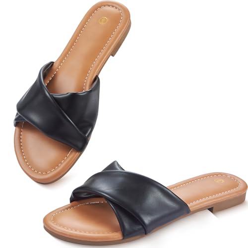 Image of Women's Flat Sandals Round Open Toe Comfortable Fashion Cute Ladies Slides Sandals Women Dressy Summer Flat Leather Casual Fashion Beach Shoes Size 6-11
