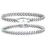 Hisatan Initial Bracelets for Men, 2 Pcs A-Z Letter Bracelet Silver Mens Bracelet with Initial, Stainless Steel Stylish Non Tarnish Cuban Link Bracelet for Men Jewelry Gifts, 8.26'