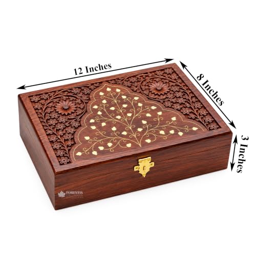 Image of Wooden OM Box for Good Luck| Jewellery Box| Decorative Case| Kit| Vanity| Organiser For Women, Necklaces, cash, gold (12X8 Inches, Crown)