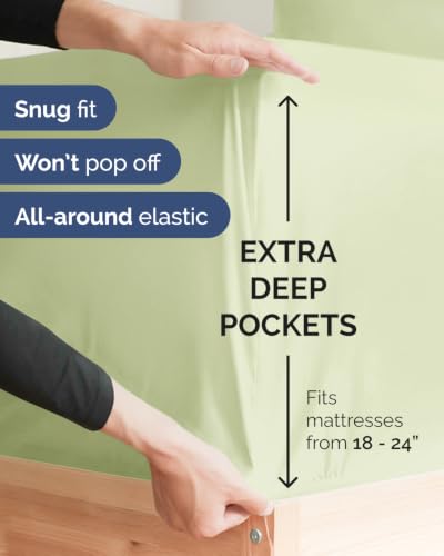 Image of Extra Deep Flex Top Split Head King Fitted Sheet - Hotel Luxury Single Fitted Sheet Only - Easily Fits 18 inch to 24 inch Mattress - Ultra Soft, Wrinkle Free w /Extra Deep Pockets - Light Sage Green