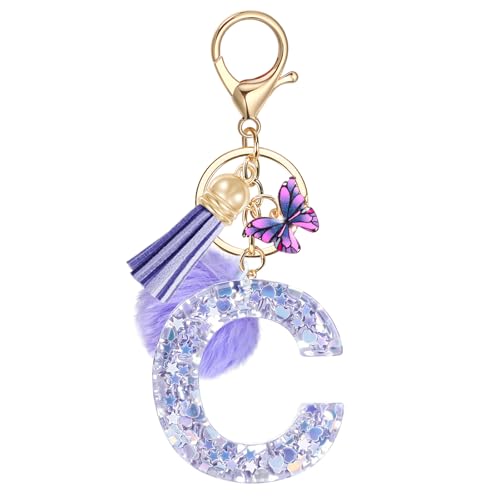 JSRQT Initial Keychain Letter C Purple Poms Butterfly...