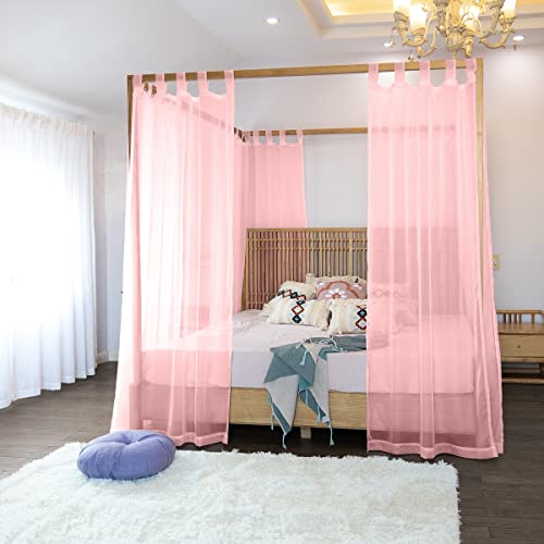 Image of Linentalks Sheer Canopy Bed Curtains for King, Queen, Full and Twin Sizes, 4 Corner Drapes, Four Poster Curtains, Pink