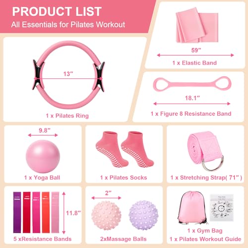 Home Pilates Kit for Women - 14 Pcs Pilates Equipment Set with Pilates Ring and Ball, 5 Resistance Bands Etc Accessories for Beginners Home Workouts - Includes Workout Guide - Image 4