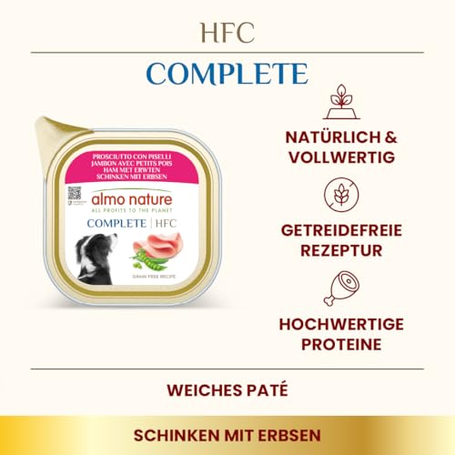Almo Nature HFC Complete – Nassfutter für Erwachsene Hunde – Schinken mit Erbsen – menschliche Qualität, glutenfrei, Monoprotein – 85 g, 17 Stück