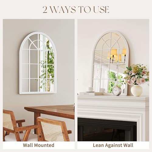 Image of Window Mirrors for Wall Decor - Large Farmhouse Arched Window Pane Mirror Decor Living Room,Ideal Wall Mounted Mirror for Entryway, Fireplace, Dining Room,Bedroom,36 inchX24 inch White Metal Framed