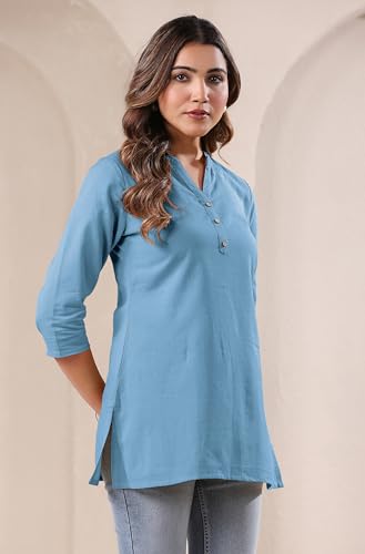 Image of Janasya Women's Light Blue Linen Cotton Solid A-line Top