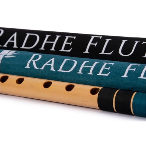 Image of Radhe Flutes Bamboo Bansuri C Sharp Right Handed Middle Octave (18 inch) With Hard Cover (Beige Flute With Black & Dark Green Threads)