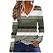 bawilom Women's Long Sleeve Tops Blouse Fall Casual Trendy Colourful Striped Color Block Crewneck Loose Shirts Clothes Army Green