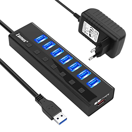 Zamus 7 porte Hub USB 3.0 Alimentato, Hub USB per Trasmissione Dati Alta velocità (5 Gbps) e Sincronizzazione, con interruttore indipendente e adattatore di alimentazione 5V / 3A