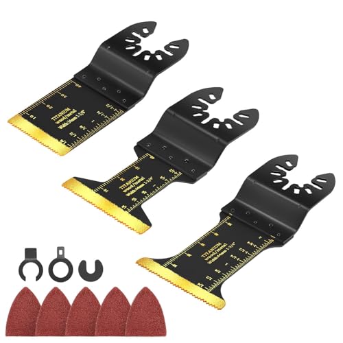 DuroFort 3 PCS Titanium Oscillating Tool Blades, Professional Universal Multi Tool Blades Kits with Sandpaper, Multitool Blades Accessories Compatible with Fein Multimaster Tools Black & Decker