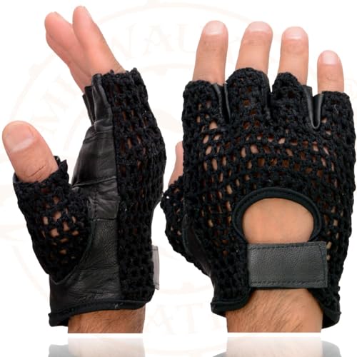 Image of Milwaukee Leather SH198 Men's Black Flame Embroidered Fingerless Gloves with Gel Palm | Padded Comfort; Vibration Relief; Flame Embroidery