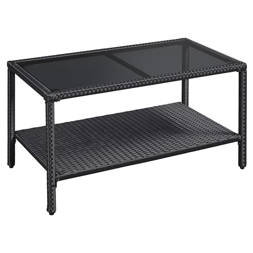 Yaheetech Outdoor PE Rattan Coffee Table, 2-Layer Bistro Patio Furniture with Tempered Glass Top, Rectangular Tea Table with Storage Rack, for Outdoor/Indoor/Garden/Balcony/Backyard, Black