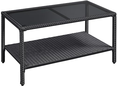 Abician Table Basse de Jardin Table Basse Résine Tressée avec Plateau en Verre Trempé Étagère de Rangement Table d’extérieur pour Patio Terrasse Salon Style...